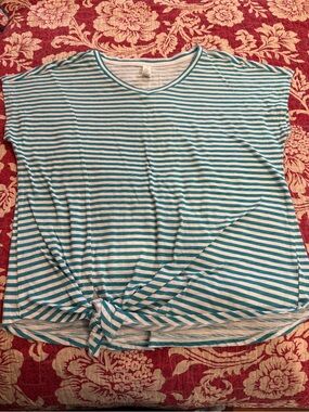 Three Hearts Striped V-Neck Tie-Front Tee in Teal & White